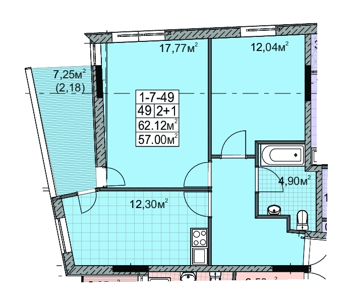 Планування 2-кімнатної квартири 57.0 м² в ЖК «Голен Сіті на Палія», Одеса