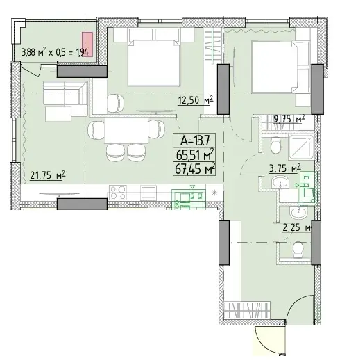 Двухкомнатная квартира · 67.45 м² · ЖК ЭЛЛАДА