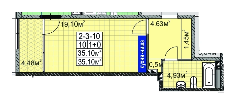 Layout plan of 1-room apartment 35.0 m² in Golden City Paliya, Odesa