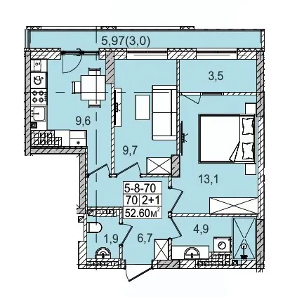 Планування 2-кімнатної квартири 53.1 м² в ЖК «Голден Сіті», Одеса