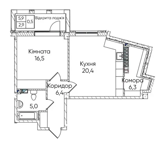 Однокімнатна квартира · 57.5 м² · ЖК Грінвіч Парк