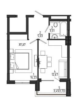 Однокімнатна · 37.17 м² · ЖК Сади Рів'єри