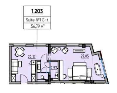 Двухкомнатная · 56.79 м² · MIY by Five Forces