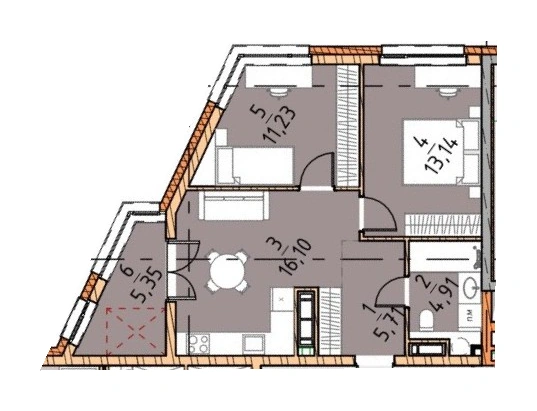 Двухкомнатная · 56.44 м² · Платинум Сити