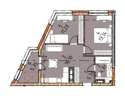 Двухкомнатная · 56.44 м² · Платинум Сити