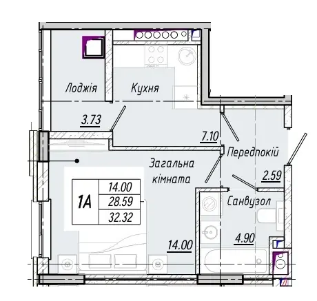 Однокомнатная квартира · 32.32 м² · ЖК Акварель 10