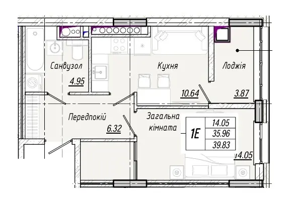 Однокомнатная квартира · 39.83 м² · ЖК Акварель 10