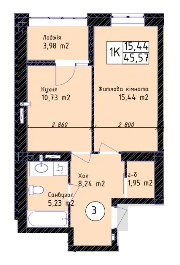Layout plan of 1-room apartment 45.6 m² in Odessa City, Odesa