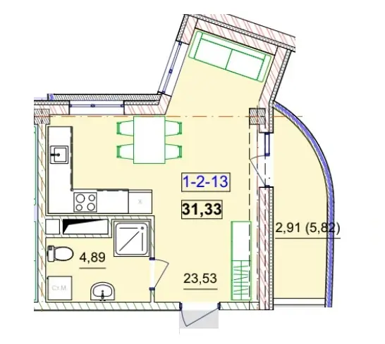 Студия · 31.33 м² · Unity Towers