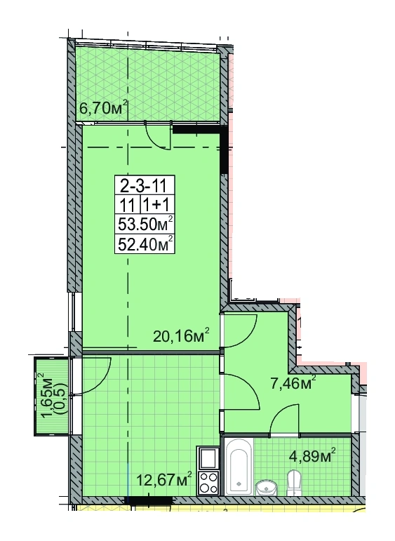 Layout plan of 1-room apartment 52.0 m² in Golden City Paliya, Odesa