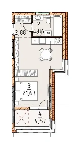 Однокомнатная · 33.98 м² · Платинум Сити