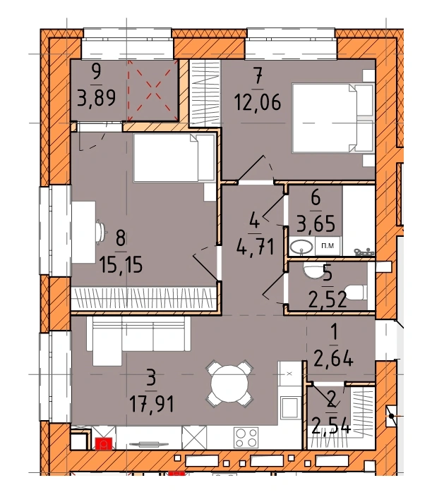 Двухкомнатная квартира · 65.07 м² · Платинум Сити