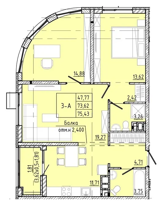 Трёхкомнатная квартира · 75.43 м² · ЖК Модерн