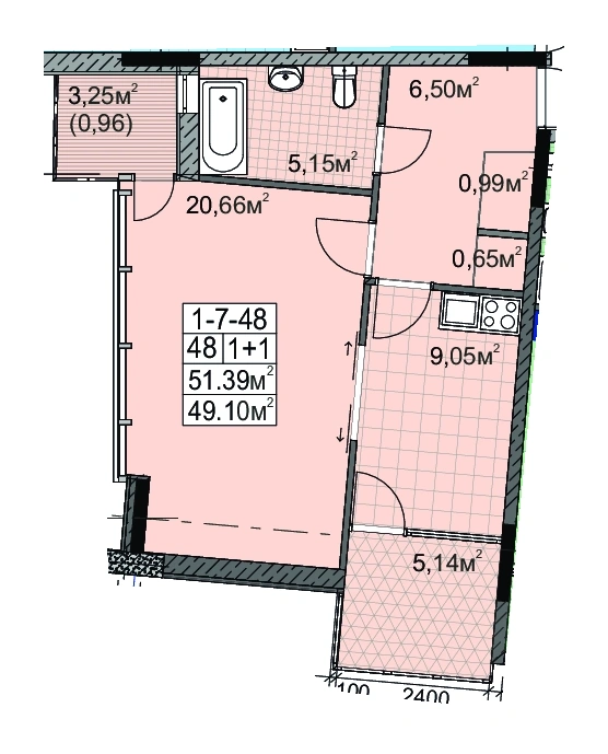 Layout plan of 1-room apartment 49.0 m² in Golden City Paliya, Odesa