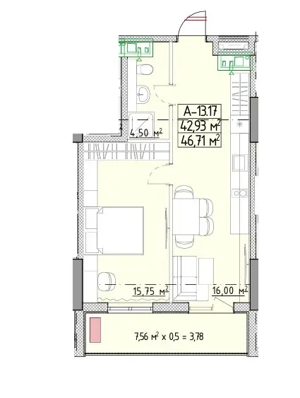 Однокомнатная квартира · 46.71 м² · ЖК ЭЛЛАДА