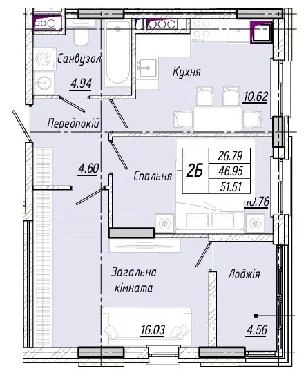 Двухкомнатная квартира · 51.51 м² · ЖК Акварель 10