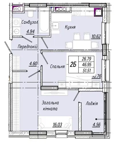 Двухкомнатная · 51.51 м² · ЖК Акварель 10