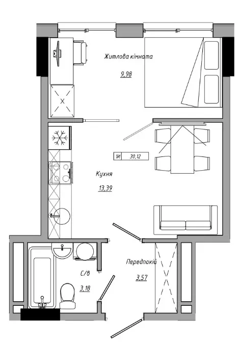 Однокомнатная квартира · 30.12 м² · ЖК АртВиль