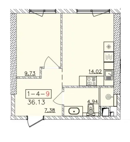 Однокомнатная квартира · 36.61 м² · ЖК 64 Жемчужина