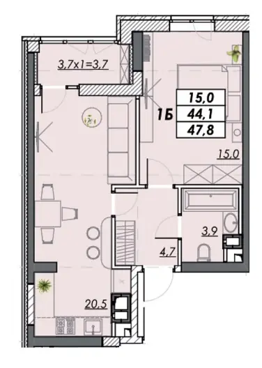 Однокомнатная квартира · 47.8 м² · ЖК Реал Парк