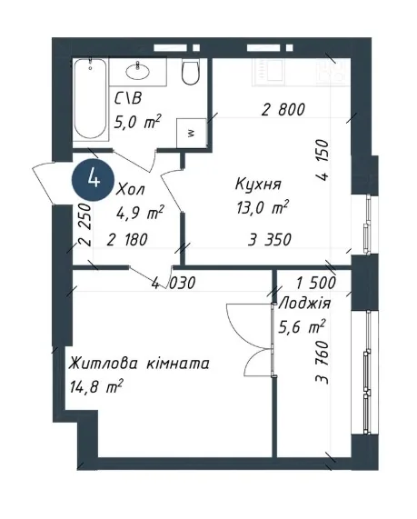 Однокімнатна квартира · 41.7 м² · ЖК Одеська Чайка