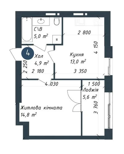 Однокімнатна · 41.7 м² · ЖК Одеська Чайка