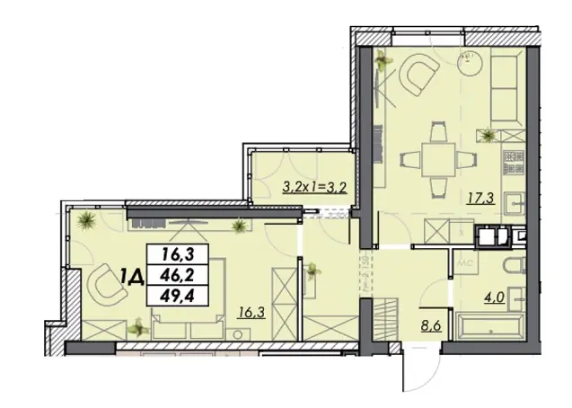 Однокомнатная квартира · 49.4 м² · ЖК Реал Парк