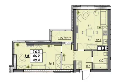 Однокомнатная квартира · 49.4 м² · ЖК Реал Парк