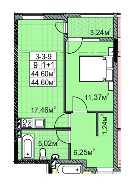 Планировка 1-комнатной квартиры 45.0 м² в ЖК «Голден Сити на Палия», Одесса