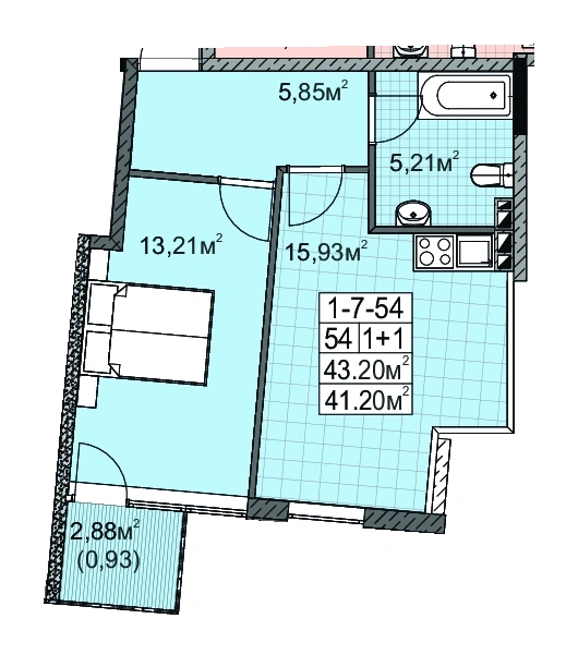 Layout plan of 1-room apartment 41.0 m² in Golden City Paliya, Odesa