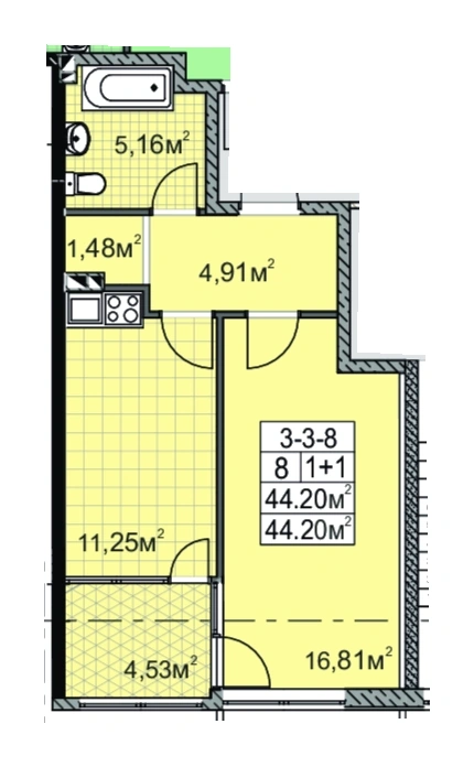 Планировка 1-комнатной квартиры 44.0 м² в ЖК «Голден Сити на Палия», Одесса