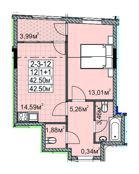Планировка 1-комнатной квартиры 42.0 м² в ЖК «Голден Сити на Палия», Одесса