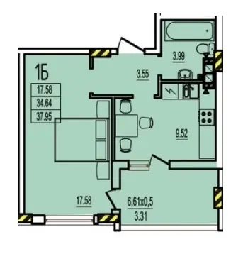 Однокомнатная квартира · 41.3 м² · ЖК Розенталь