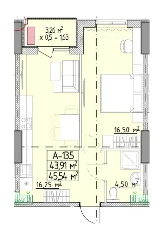 Однокомнатная квартира · 45.54 м² · ЖК ЭЛЛАДА