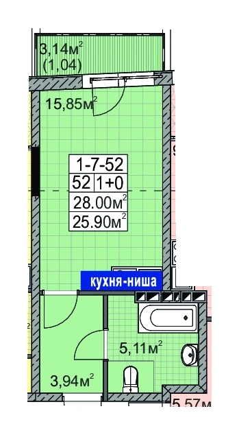 Планування 1-кімнатної квартири 26.0 м² в ЖК «Голен Сіті на Палія», Одеса