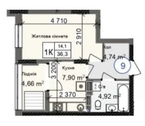 Однокомнатная квартира · 36.3 м² · ЖК Одеса Сити