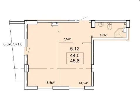 Однокомнатная квартира · 46.5 м² · ЖК Бриз Марин