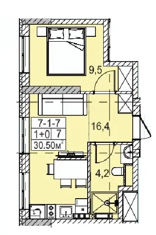 Планировка 1-комнатной квартиры 30.5 м² в ЖК «Голден Сити», Одесса