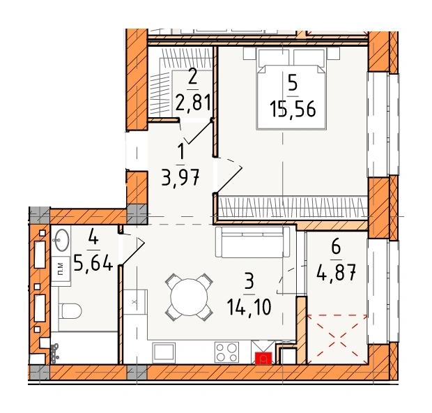 Однокомнатная квартира · 46.95 м² · Платинум Сити
