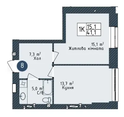 Однокомнатная · 41.1 м² · ЖК Одеса Сити