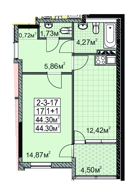 Планировка 1-комнатной квартиры 44.0 м² в ЖК «Голден Сити на Палия», Одесса