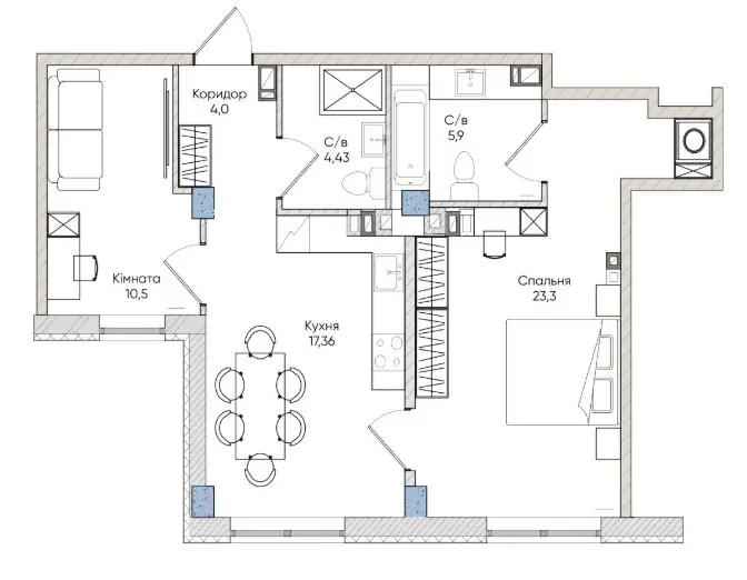 Двухкомнатная · 65.9 м² · ЖК Гринвич Парк