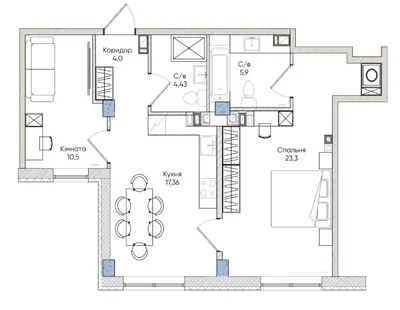 Двухкомнатная · 65.9 м² · ЖК Гринвич Парк