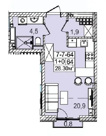 Планировка 1-комнатной квартиры 28.3 м² в ЖК «Голден Сити», Одесса