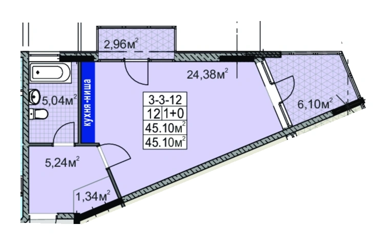 Планировка 1-комнатной квартиры 45.0 м² в ЖК «Голден Сити на Палия», Одесса
