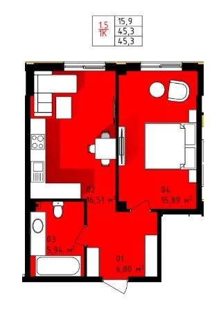 Однокомнатная квартира · 45.3 м² · ЖК Теплый дом плюс