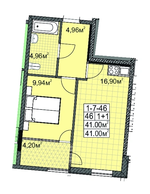 Layout plan of 1-room apartment 41.0 m² in Golden City Paliya, Odesa
