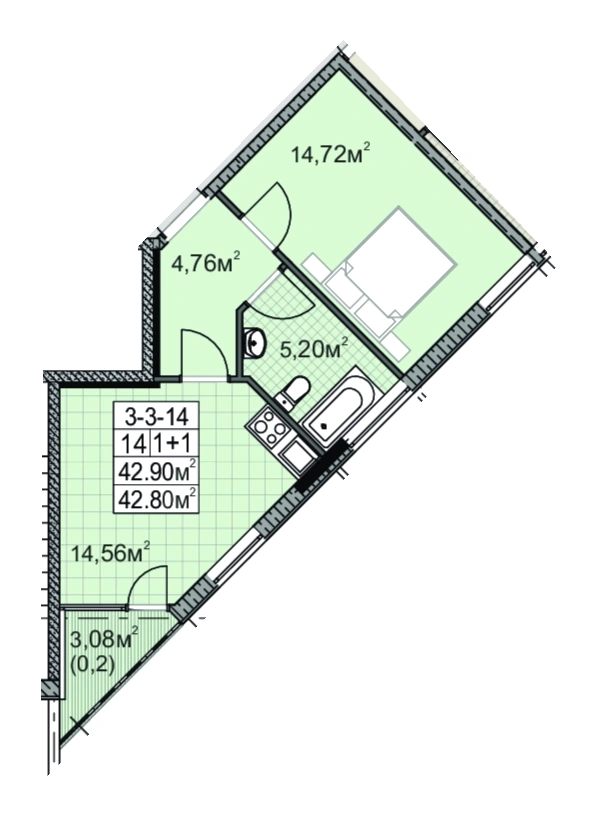 Планировка 1-комнатной квартиры 43.0 м² в ЖК «Голден Сити на Палия», Одесса