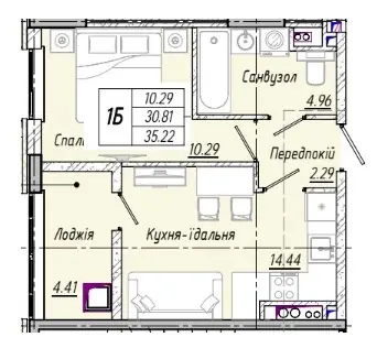 Однокомнатная квартира · 35.22 м² · ЖК Акварель 10