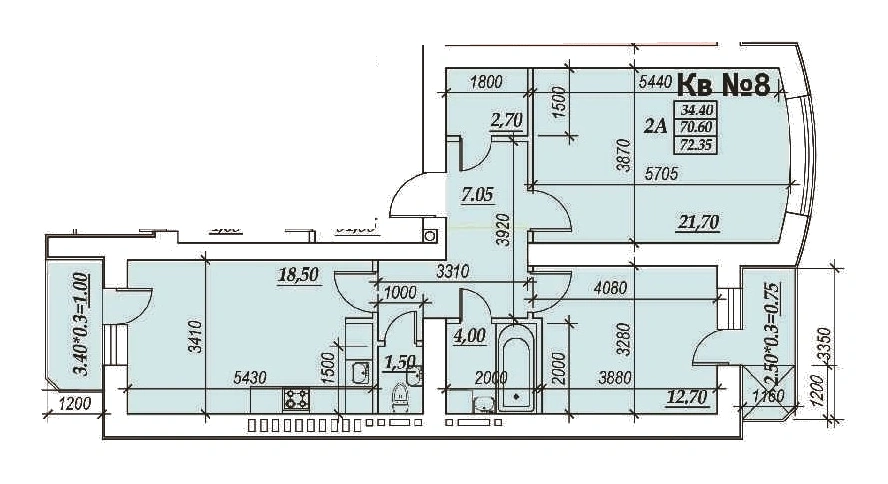Планировка 2-комнатной квартиры 72.0 м²